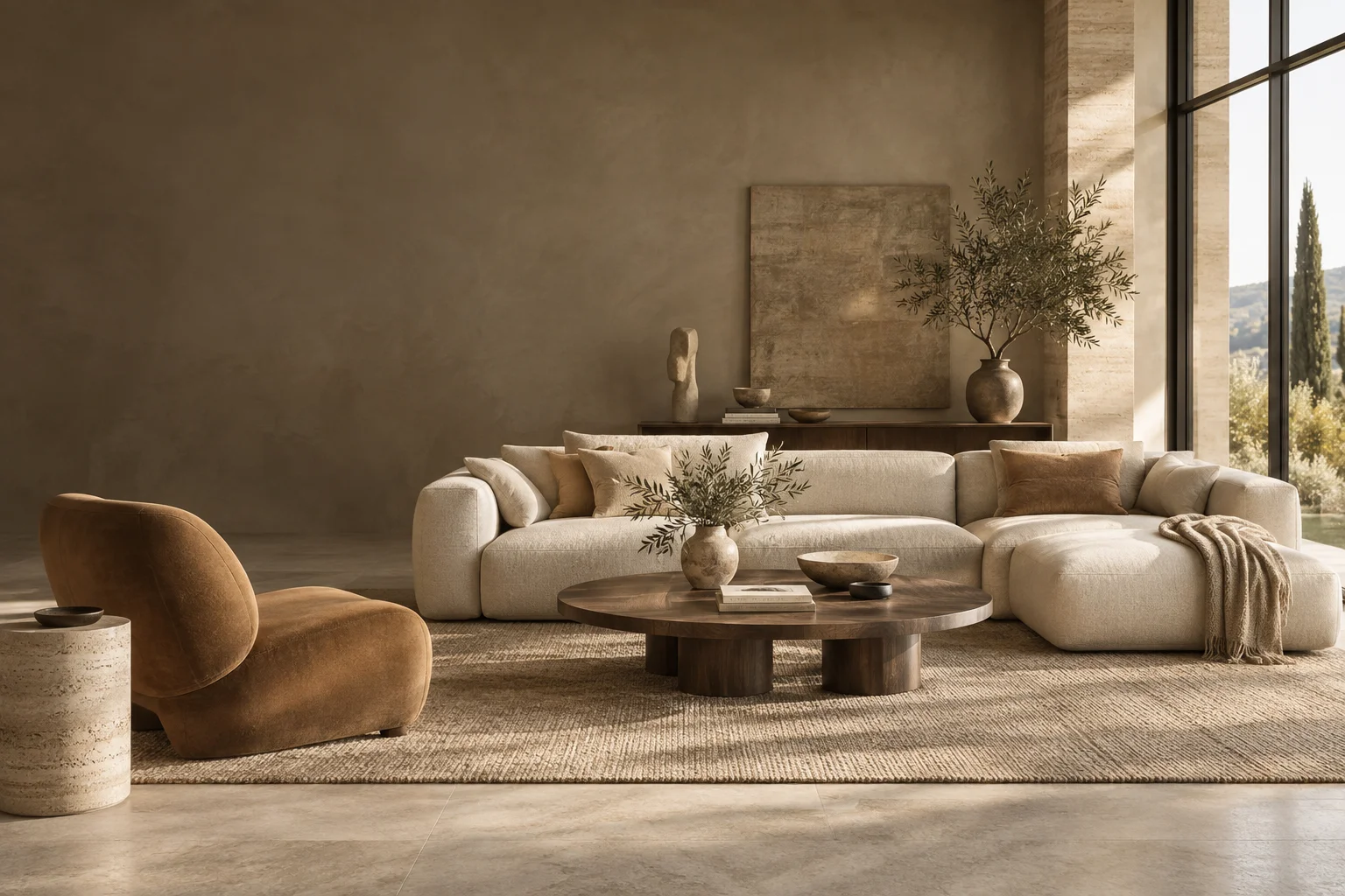 Warm contemporary living room with ivory upholstery and walnut accents